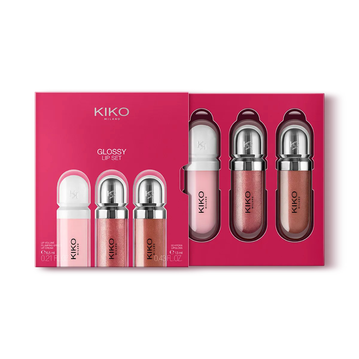 kiko-glossy-lip-set-opened ست کیکومیلانو، شامل لیپ گلاس و حجم دهنده - Image 1