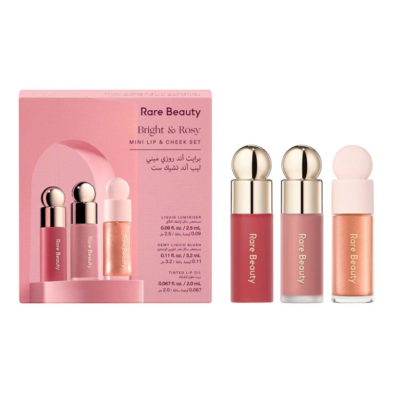ست رژگونه، هایلایتر و لیپ اویل رر بیوتی Rare Beauty Bright & Rosy Mini Lip And Cheek Set